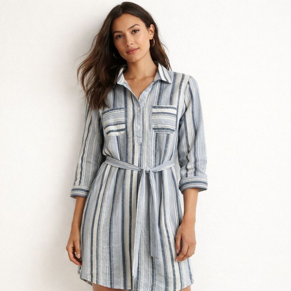 Chicos Linen Blend Popover Shirt Dress Womens Sz 0 Small Indigo White Striped
